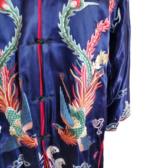 Vintage Handmade Unisex Chinese Silk Kimono Jacket Blouse Robe Royal Blue Sz O/S - Picture 2 of 9